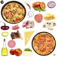 smakelijke pizza en ingrediënten geïsoleerd op wit foto