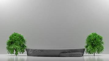3D-podiumpodium met glanzende rotsvloer voor productpromotie en reclameweergave van een realistische boom foto