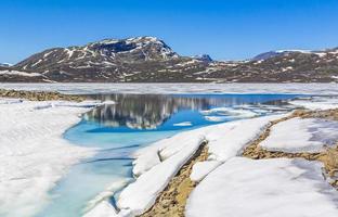 bevroren turquoise meer vavatn panorama in zomer landschap hemsedal noorwegen. foto