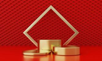 chinees nieuwjaar rode moderne stijl drie podium product showcase met gouden ring frame japanse stijl patroon achtergrond. prettige vakantie traditionele festival concept. 3D illustratie weergave foto