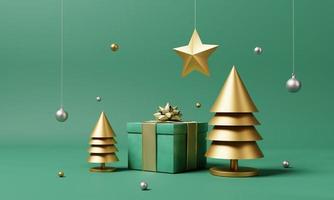 Kerstset decoratie en ornament met gouden kerstboom en sneeuwvlok op geïsoleerde groene achtergrond. vakantie festival en minimalisme object concept. 3D illustratie weergave