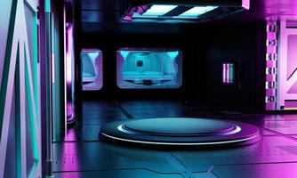 binnenruimteschip laboratorium interieurarchitectuur en leeg podium voor cyberpunk productpresentatie. technologie en sci-fi-concept. 3D illustratie weergave