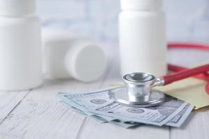 gezondheidszorgkostenconcept met Amerikaanse dollar, container en pillen op tafel foto