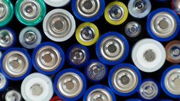 veel gebruikte huishoudelijke alkalinebatterijen type aa, aaa, ingezameld voor recycling. recycling en ecologische problemen. bovenaanzicht van een achtergrond van gebruikte batterijen van verschillende soorten en maten. foto