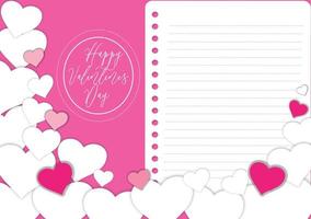 harten op notebook blanco vel papier voor schrijfkaart achtergrond - Valentijnsdag kaart roze en wit hart met tekst happy Valentijnsdag banner of poster patroon foto