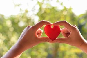 hart in de hand voor filantropie concept - vrouw met rood hart in handen voor Valentijnsdag of doneren hulp geven liefde warmte zorg foto