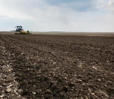 geploegd veld voor aardappel in bruine grond op open platteland natuur foto