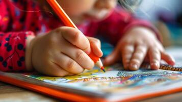 detailopname van kinderen handen schrijven en tekening. weinig kleuter meisje trekt. 3 jaren meisje genieten spelen Bij kinderkamer. foto