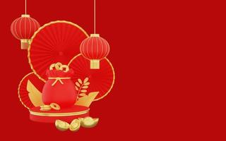 3D-weergave van gelukkig Chinees nieuwjaar met lantaarn op rode achtergrond foto