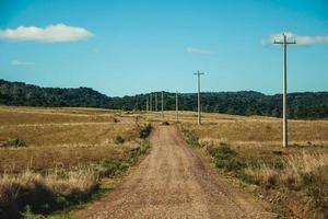 verlaten onverharde weg door landelijke laaglanden genaamd pampa's met droge struiken en lichtmasten in de buurt van cambara do sul. een klein stadje in het zuiden van Brazilië met verbazingwekkende natuurlijke toeristische attracties. foto