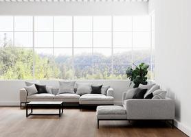 schoon minimalistisch appartement met witte muur en grijze bank 3D-rendering foto