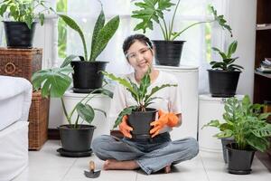 de vrouw droeg oranje handschoenen en plantte bomen in het huis. foto