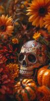 dag van de dood schedel te midden van levendig herfst bloemen en miniatuur pompoenen foto