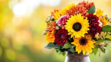 dichtbij omhoog van een levendig herfst boeket met zonnebloemen dahlia's en chrysanten in rijk tinten van oranje rood en geel geregeld in een rustiek vaas tegen een zacht wazig achtergrond van vallen gebladerte foto