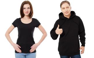 vrouw poseren in zwarte t-shirt kopieerruimte en man poseren in zwarte hoodie foto