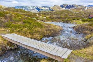 kleine houten brug en voetpad over rivier, n hemsedal, noorwegen. foto