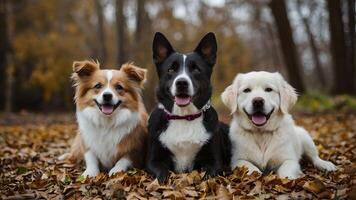 drie aanbiddelijk honden glimlachen en zittend in vallen bladeren foto