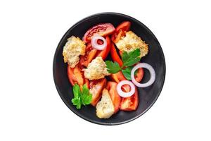 salade panzanella tomaat, gedroogde toast brood voedsel achtergrond foto