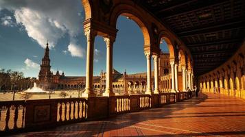 sevilla, spanje - 20 februari 2020 - spanje plein, plaza de espana met prachtig uitzicht door de zuilen in het centrum van sevilla. foto