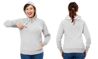 gelukkige mooie puntige stijlvolle middelbare leeftijd vrouw in hoodie voor- en achteraanzicht, blanke vrouw in sweatshirt mockup geïsoleerd op een witte achtergrond. foto