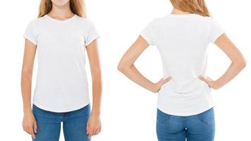 meisje poseren in witte t-shirt set, kopieer ruimte, blanco t-shirt, leeg t-shirt foto