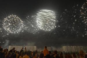 vuurwerk in de nachtelijke hemel op een vakantie. foto