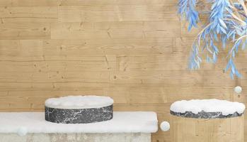 leeg marmeren podium met bladeren en bedekt met zware sneeuw 3D-rendering, winterthema foto