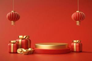 rode podium cny en geschenkdoos product staan podium achtergrond voetstuk 3D-rendering foto