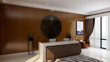 3D-rendering kantoor receptie of receptioniste kamer met houten design interieur foto