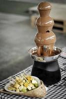 chocoladefontein catering machine met fruitspiesjes op buffettafel foto