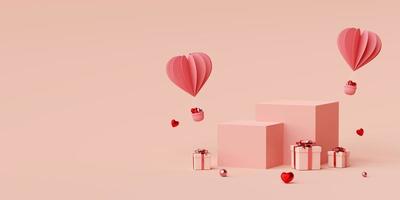 Valentijn banner achtergrond van podium met hartvormige ballon met geschenkdoos, 3D-rendering foto