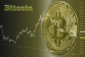 close-up van gouden bitcoin-munten en kandelaar op de achtergrond met kleurovergang. foto