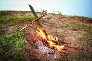 bamboe branden in brand voor voedsel gekookt koken natuur overleven het bos foto