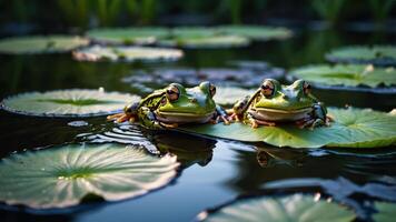 drie kikkers resting Aan lelie stootkussens in een sereen vijver instelling. foto