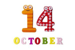 14 oktober op een witte achtergrond, cijfers en letters. foto