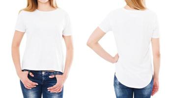 zomer t-shirt set geïsoleerd op wit, vrouw wees op t-shirt, meisje punt op tshirt foto