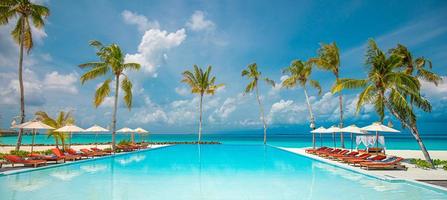 outdoor toerisme landschap. luxe strandresort met zwembad en strandstoelen of ligstoelen onder parasols met palmbomen en blauwe lucht. zomer reizen en vakantie achtergrond concept