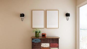 3d render rustieke woonkamer met framemodel foto