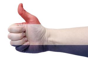 het concept van nederland-de hand geeft een duim omhoog met de vlag van nederland. foto
