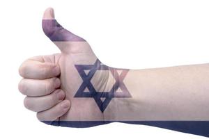 het concept van Israël-de hand geeft een duim omhoog met de vlag van Israël. foto