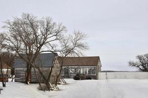 winter in Manitoba - een oude auto op een besneeuwd boerenerf foto