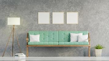 vierkante poster mockup met drie frames op lege witte muur in woonkamer interieur, woonkamer, 3D-rendering foto