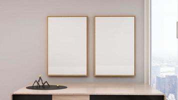 3d render leeg frame mockup in modern minimalistisch interieur van woonkamer foto