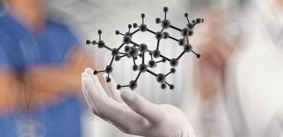 wetenschapper arts hand houdt virtuele moleculaire structuur in het laboratorium als concept foto