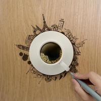 3D-kopje koffie die de wereld rondreist als concept foto