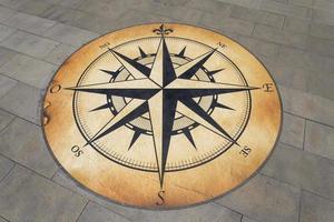het kompas is getekend op een betonnen plaat. foto