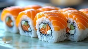 kleurrijk sushi broodjes Aan een bord foto