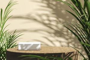 de witte platformtop op houten cilindrisch op beige achtergrond, vervaging tropische planten voorgrond en schaduw op achtergrond, abstracte achtergrond voor productpresentatie. 3D-rendering foto