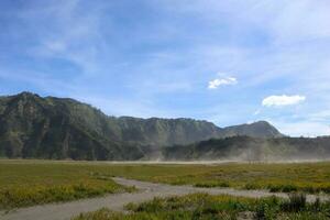 een prachtig landschap in bromo met paden, gras en heuvels, in de middag foto