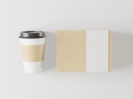 een mock-up van realistische witte blanco papieren bekers met plastic deksel. koffie om mee te nemen, neem een mok met een mock-up blanco papieren doos 3d render, 3d illustratie foto